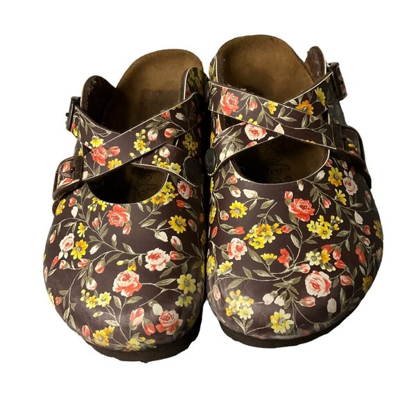 Birki's by Birkenstock Floral Clogs size kids 10 Brown Leather Adjustable Straps - Picture 11 of 11